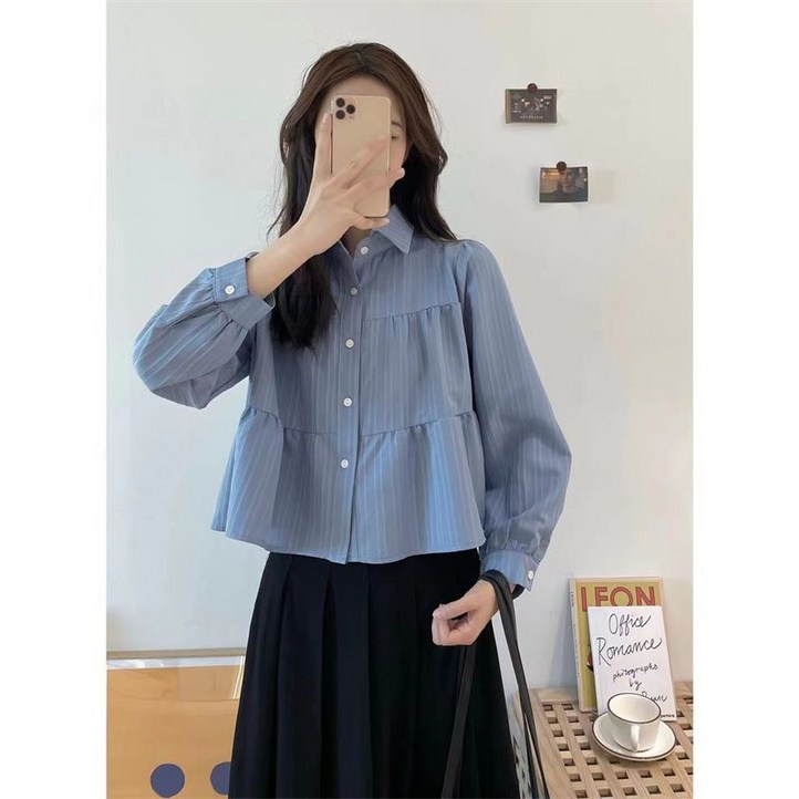 해피유통  여성용 셔츠 숏 프렌치 버튼 가벼운 심플한 레이어드 예쁜셔츠 긴팔셔츠 WHY