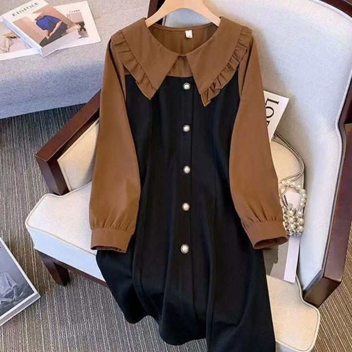 오스틱니 매진 임박 빅사이즈 여성 가을 긴팔 숄카라 클래식배색 긴팔 편한 추천 빅카라 루즈핏 간절기 미시 마담 큰언니 세련미 큰옷 여성의류 배색 데일리 롱원피스