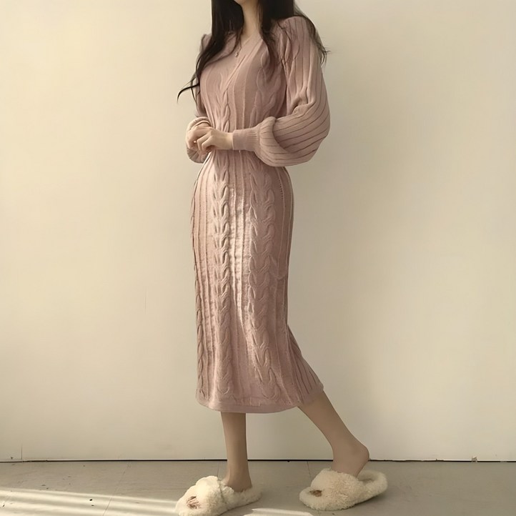 시연 가을 겨울 여성 브이넥 니트 원피스 3COLOR