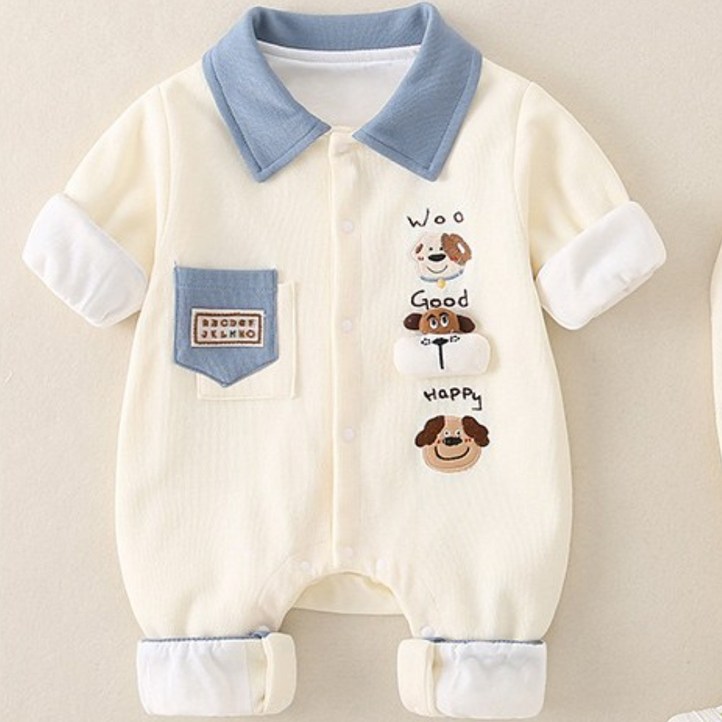 로을 신생아 순면 귀여운강아지 해피퍼피 배색 포켓 우주복