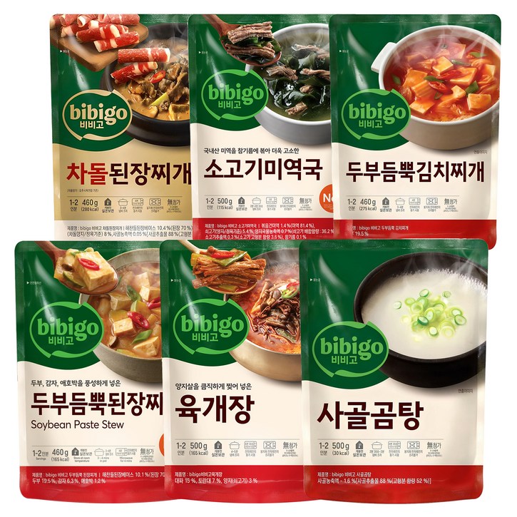 비비고 김치찌개 460g  된장찌개 460g  소고기미역국 500g  육개장 500g  차돌된장찌개 460g  사골곰탕 500g, 2880g, 1세트