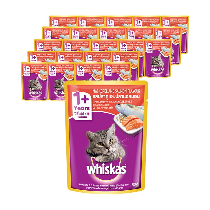 위스카스 위스카스 고양이 주식 파우치 고등어와 연어, 고등어, 80g, 24개입