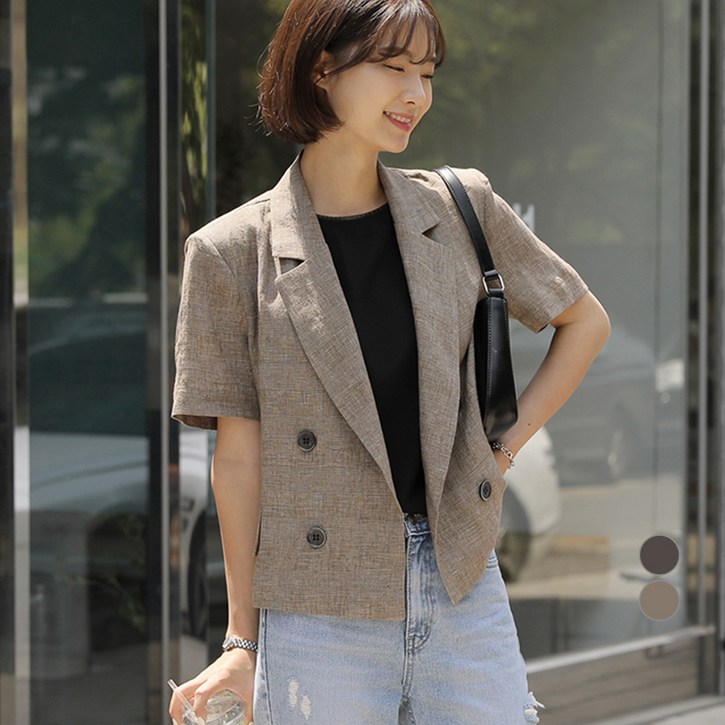 빼빼 여성용 린넨 더블투버튼 글렌체크 반팔 자켓