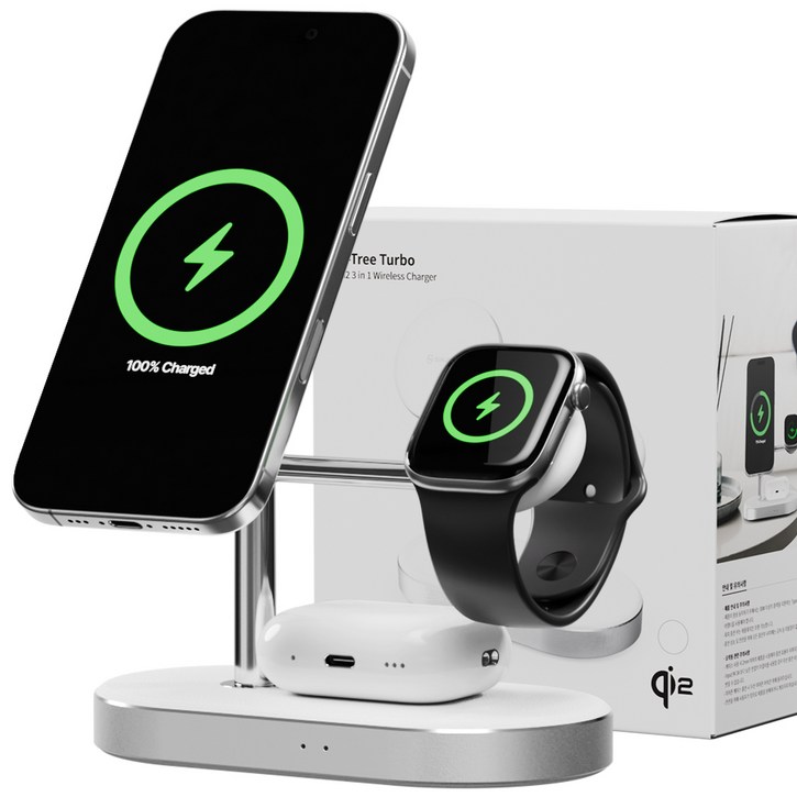 신지모루 Qi2 3in1 M-트리 터보 맥세이프 초고속 무선충전 아이폰 애플워치 거치대, 화이트, 1개