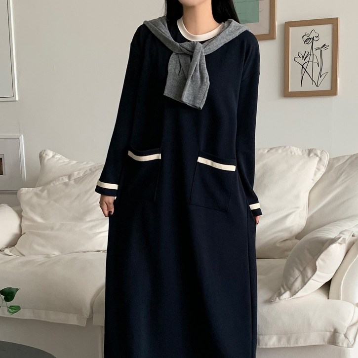 더한땀 빅사이즈 라인 배색 포켓 원피스 임부복