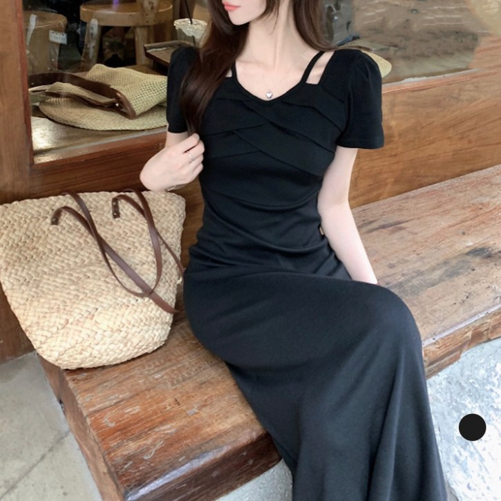 LALABELLE 여성용 원피스 스퀘어넥 끈 슬림핏 시크 여름 반팔 롱 원피스 LALABELLE 여성용 원피스 스퀘어넥 끈 슬림핏 시크 여름 반팔 롱 원피스