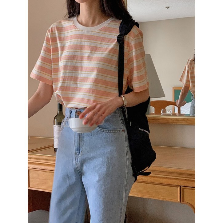 러브앤헤이트 캐주얼 스트라이프 면 코튼 라운드넥 반팔 티셔츠 (4color)