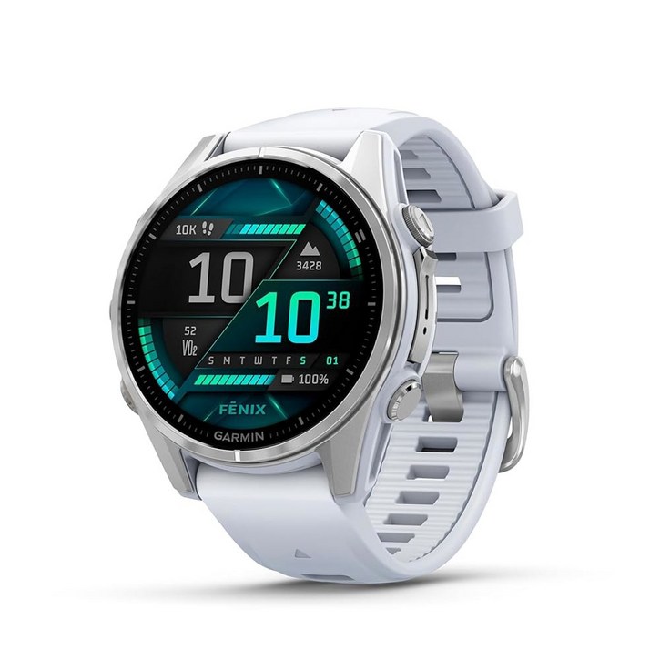 Garmin fēnix® 8 – 47mm, AMOLED, 사파이어, 프리미엄 멀티스포츠 GPS 스마트워치, 오래 지속되는 배터리 수명, 다이빙 등급, 내장 LED 손전등,, 실버와 화이트스톤 밴드, 1개