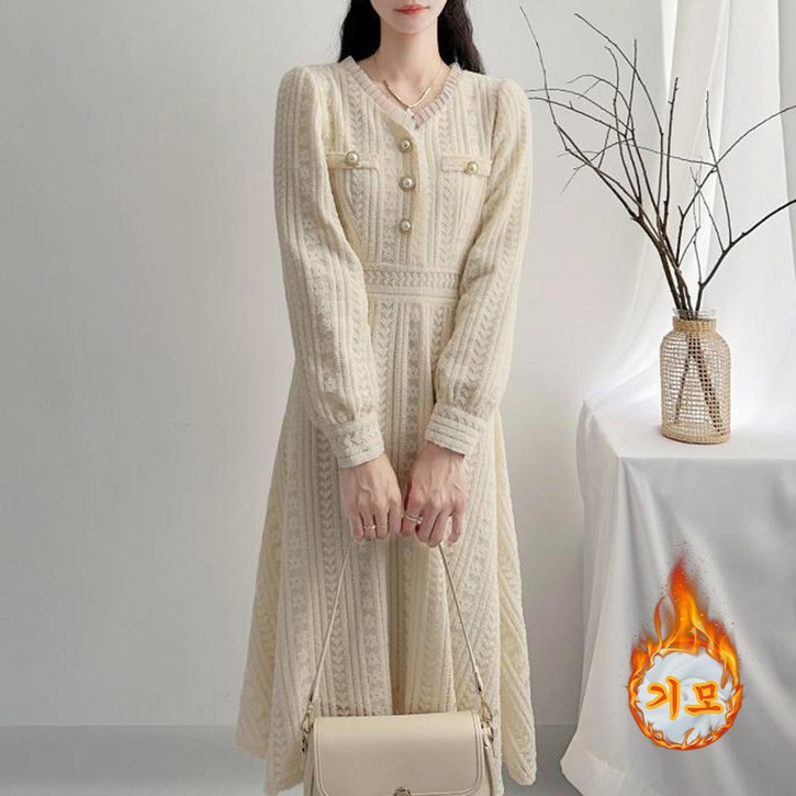 ORZQU 가을 겨울 여성 긴팔 원피스 레이스 디테일 도톰 브이넥 롱 원피스