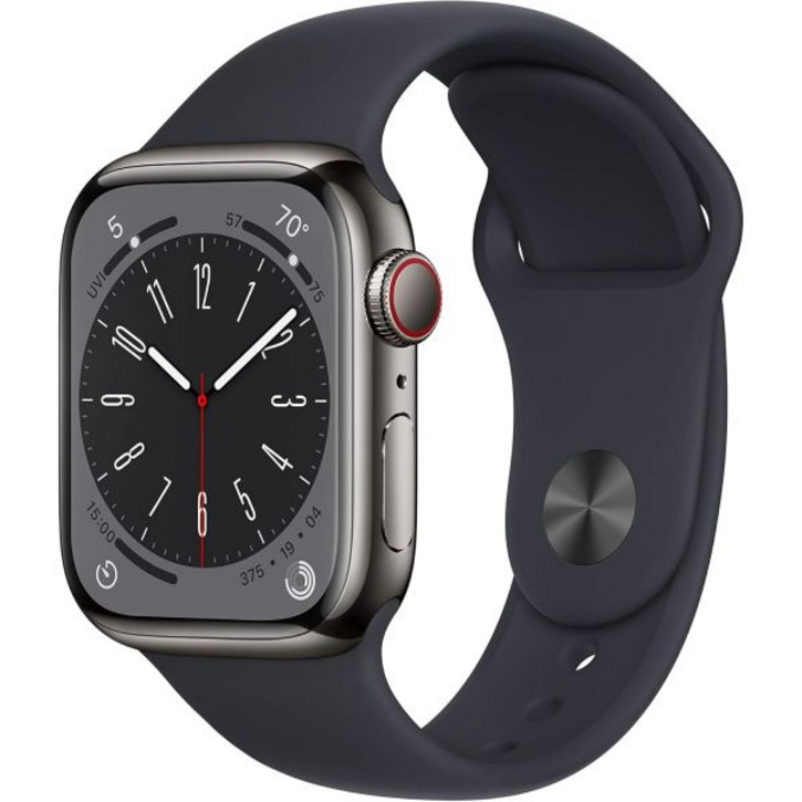 애플 워치 시리즈 8 GPS 셀룰러 41mm 그래파이트 스테인리스 스틸 케이스와 미드나잇 스포츠 밴드 ML 리뉴얼 프리미엄