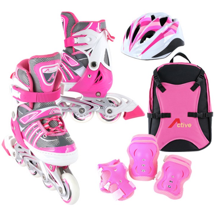 인라인세트 사이즈 조절형 아동용 발광바퀴 인라인 스케이트헬멧보호대가방, 에이스 핑크