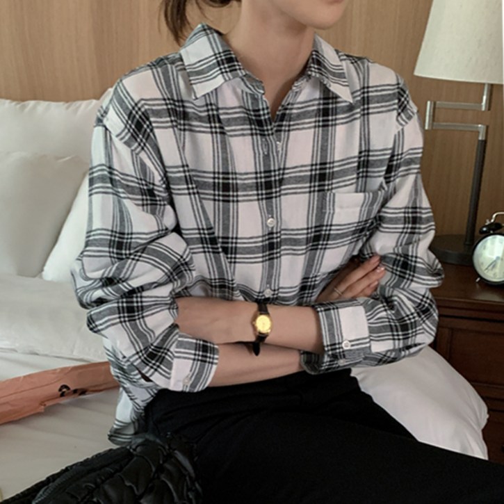 오버나인 여자 여성 스탠다드핏 남방 라인 체크 셔츠 오버나인 여자 여성 스탠다드핏 남방 라인 체크 셔츠