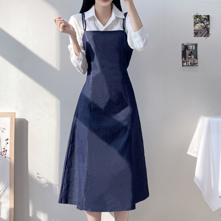 [2color] 하리 데님 청 스티치 더블 끈 플레어 스퀘어넥 뷔스티에 허리끈 롱 원피스 결혼식 하객 데이트 봄