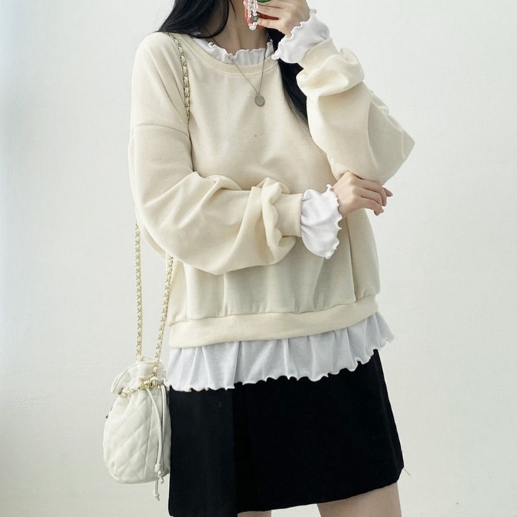 빅걸스토리 여성 봄신상 프릴 맨투맨 티셔츠