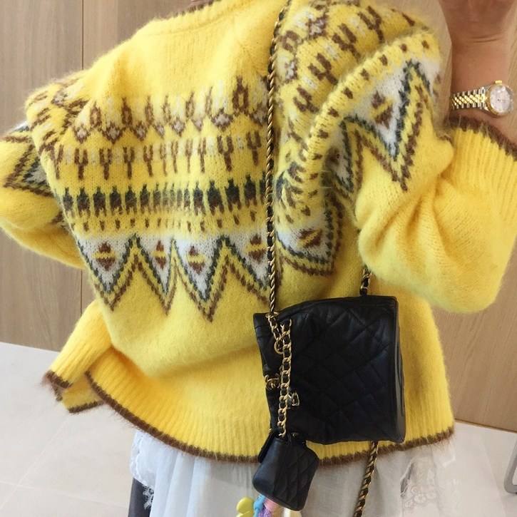 아이미마인 미러 배색 노르딕 패턴 모헤어 루즈핏 도톰 노카라 라운드 니트가디건 2color