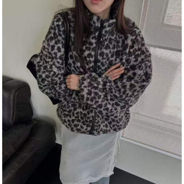바비썬 레오파드 호피 후리스 집업 뽀글이 겨울 점퍼