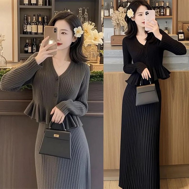 빅사이즈 니트 세트 봄 가을 상하의 브이넥 크롭 긴팔 티  니트티 숏니트 가디건 슬림 스커트 여성 롱 치마 세미정장 투피스 HOMASS