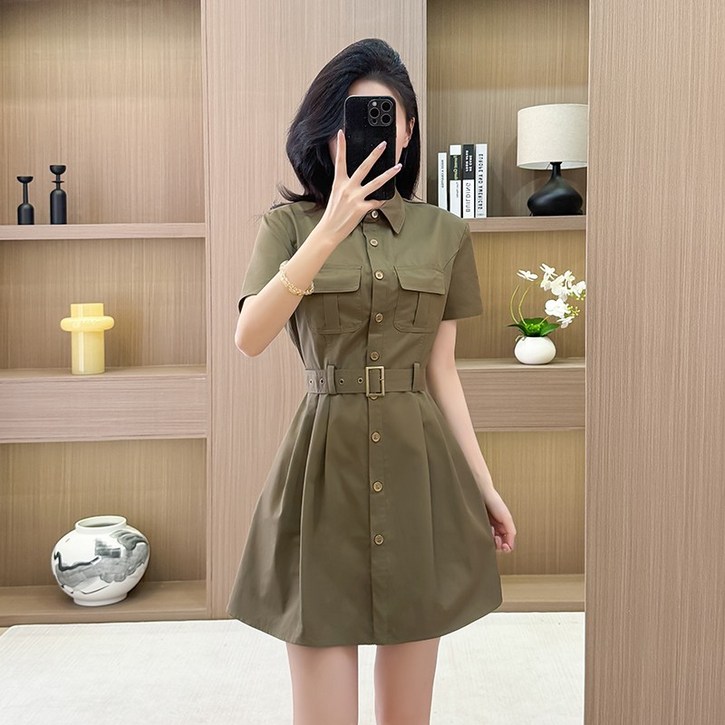 옷깔난다 잘록 허리 슬림핏 카키 숏기장 원피스 세라원피스