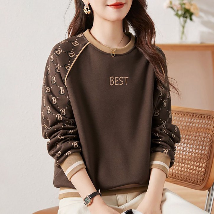 지고다그 여성용 봄가을용 라운드넥 맨투맨 긴팔 루즈핏 배색 캐주얼 상의 ZK6736