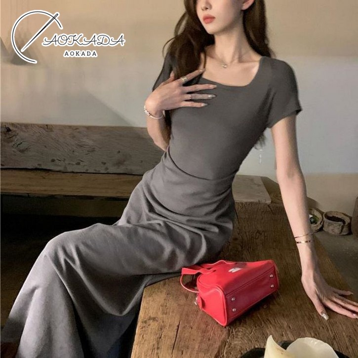 AOKADA 여름원피스 기질 스퀘어 카라 롱원피스 슬림핏 반팔 니트원피스