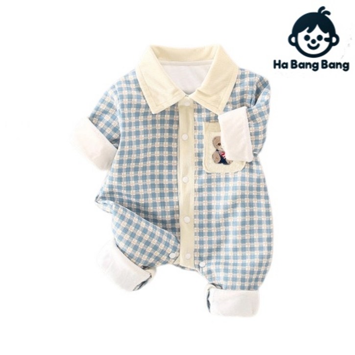 하방방 아기 곰돌이 체크 외출우주복 베이비 백일 아기옷