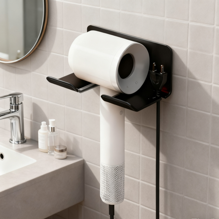 USHOWER 드라이기거치대 무타공 욕실 수납 드라이기 수납, 블랙, 1개