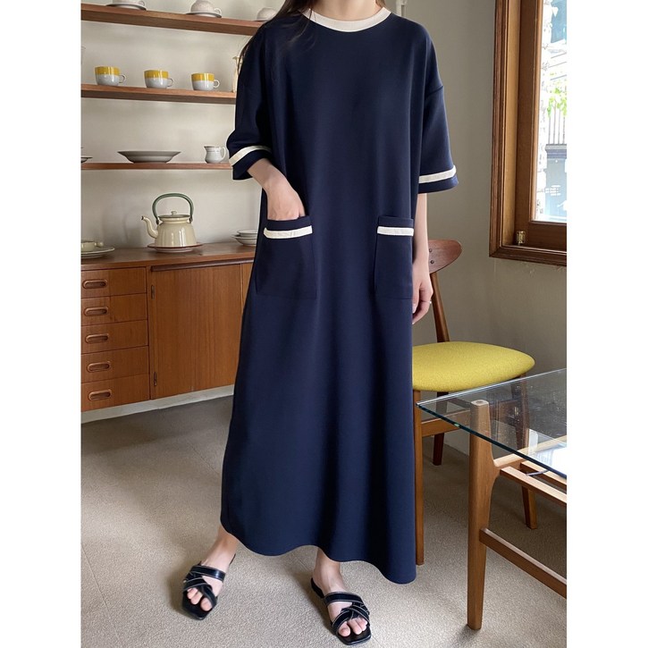 라몬즈배색 라인 포켓 빅사이즈 롱 원피스 루즈핏 오버핏 반팔 하객룩