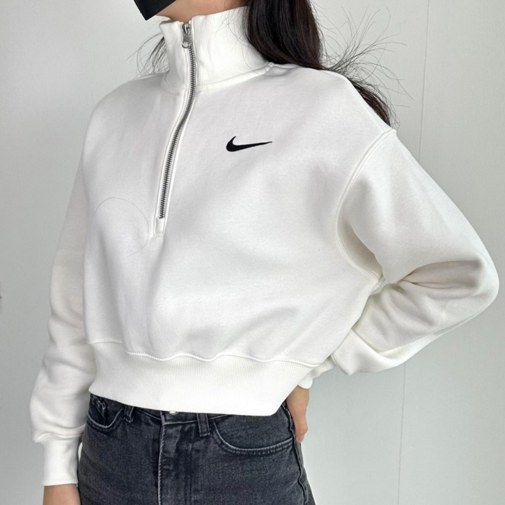 나이키 NSW 여성 맨투맨 크롭 오버핏 플리스 하프 집업 긴팔 스웨트 셔츠 화이트
