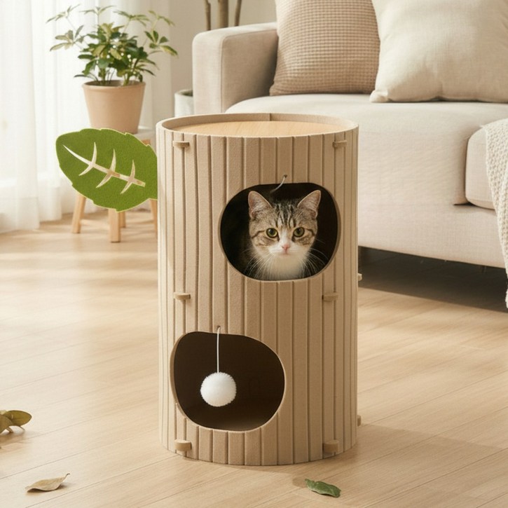 캣박스 고양이 3단 통나무 숨숨집 캣타워, 베이지, 1개