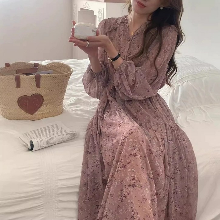 가을 긴팔 원피스 브이넥 나무 프릴 롱스커트 플라워 끈 원피스