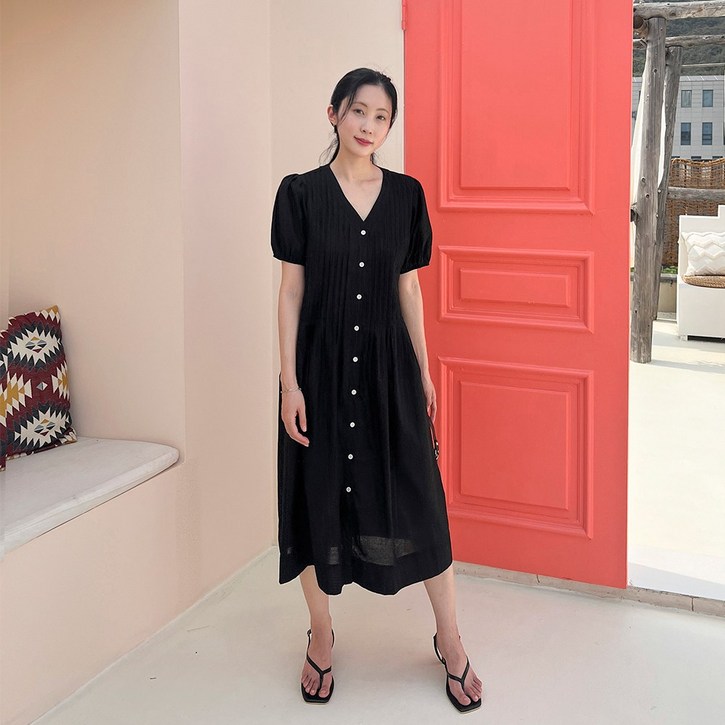 퍼니걸스 2027 브이넥 어깨 셔링 퍼프 주름 핀탁 반팔 롱 원피스 여성의류