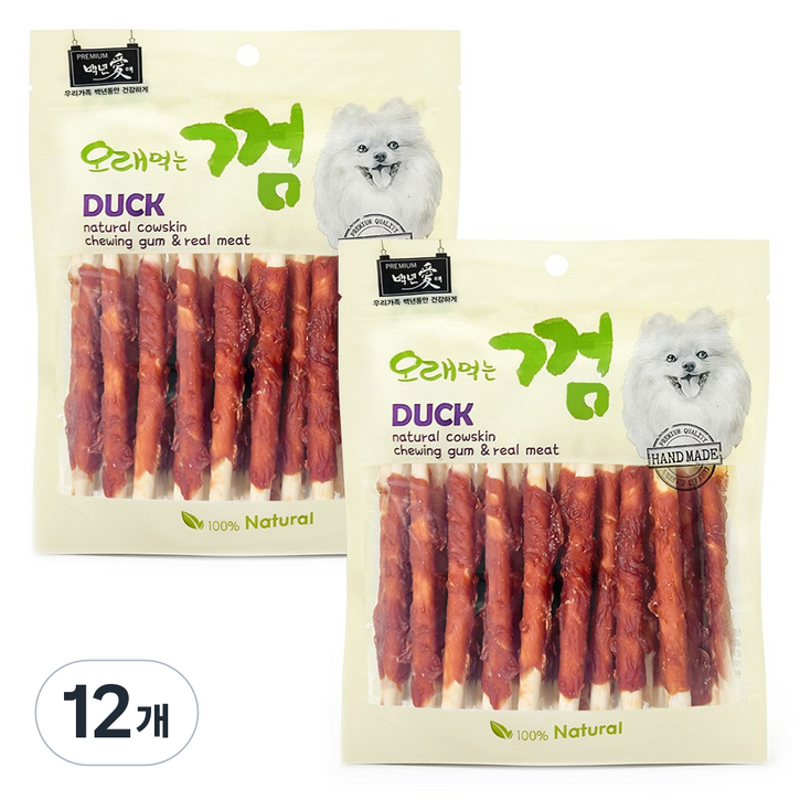 백년애 고기가 2배 이상 말린 오래먹는 강아지껌, 오리고기 스틱, 250g, 12개