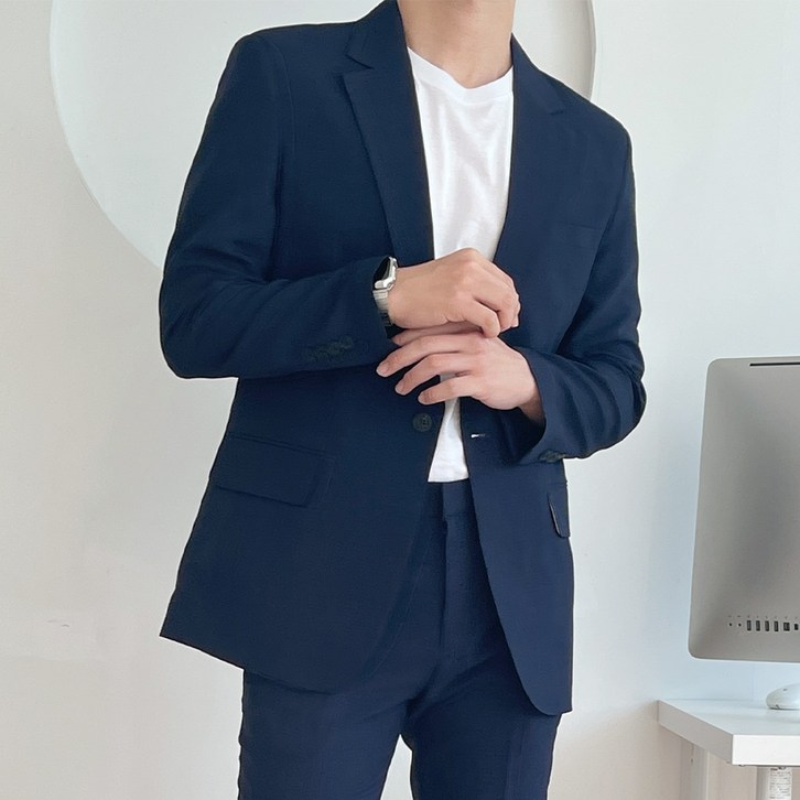 언탭트 남성용 여름 린넨 원버튼 수트  팬츠 세트
