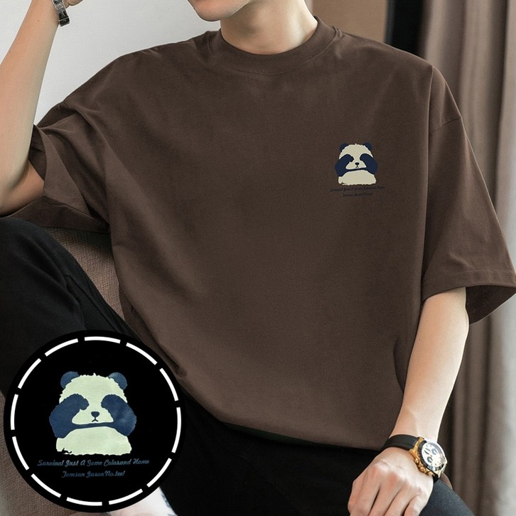260g코튼 라운드넥 순면 곰돌이 프린트 남성 반팔 티셔츠