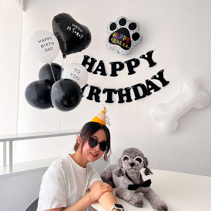 하피블리 강아지 생일 파티 뼈다귀 발바닥 레터링 하트 풍선 생일상 용품 세트, 블랙