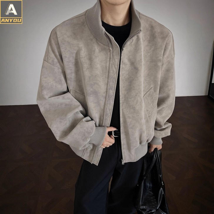 ANYOU 남성용 PU 재킷 가을 겨울 레트로 스탠드 칼라 자켓 빅사이즈 남성 자켓