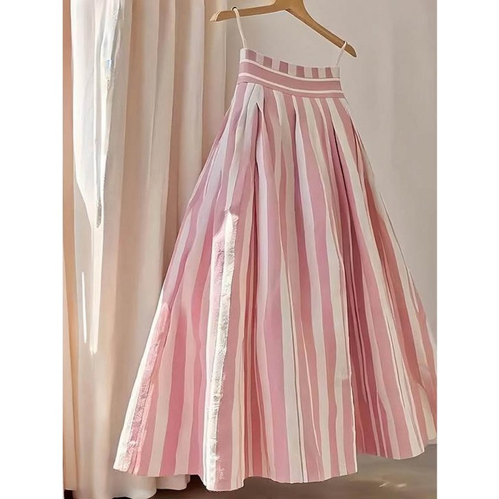 DURI 핑크 스커트 스트라이프 A라인 플레어 치마 여성 봄 여름 가을 롱스커트