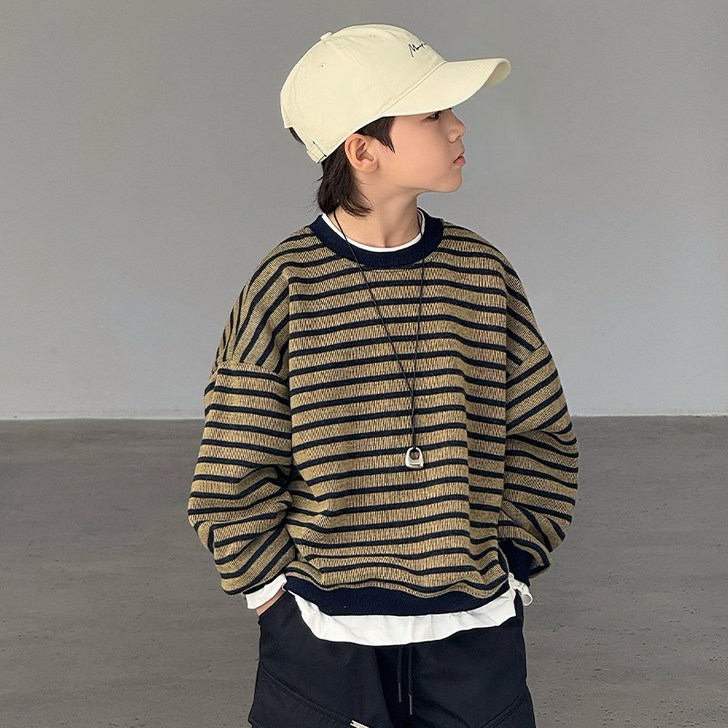 밀크봉봉 초등생 남아 레이어드 스트라이프 기모 맨투맨G199