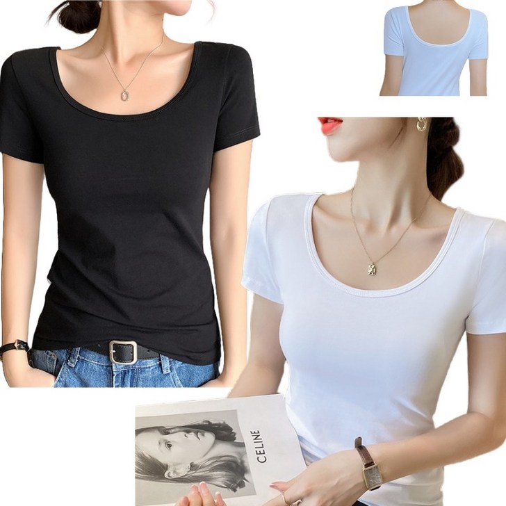 여성 더블 빅 U넥 면 무지 반팔티 화이트1블랙1