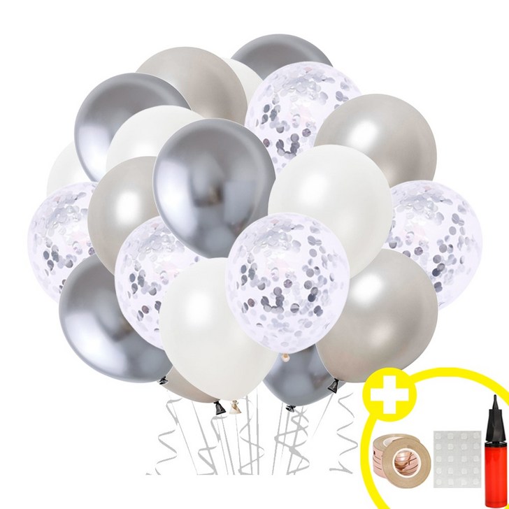 베이직 파티 컨페티 크롬메탈 혼합풍선 20P 파티용품세트 발표회 인생샷 포토존 연출템 8옵션 에브리띵스마일 1184, 1세트, 실버