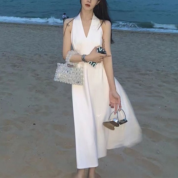 홀터넥 해변 여행 바캉스 원피스 민소매 여름 롱 스커트 슬림 플레어 나시원피스