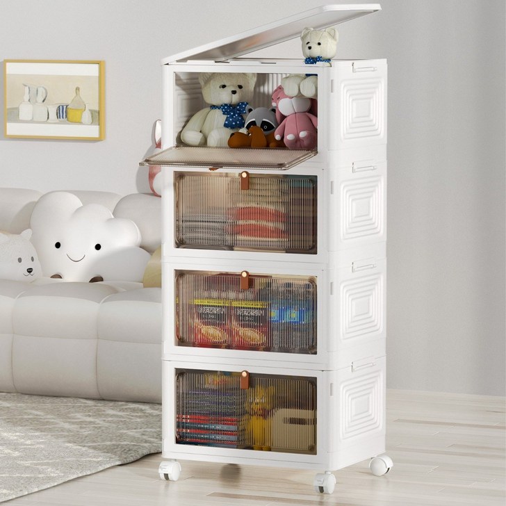 Ruesious 폴딩 대용량 리빙박스 수납장 대용량 수납 정리함 접이식 보관함 다용도 수납함 플라스틱 수납함 사물함 정리함 리빙박 스수납박스 대형가정용 장난감 수납장 옷정리함, 화이트, 4개