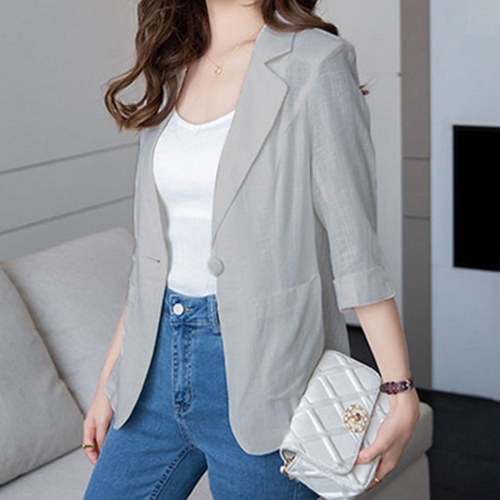 퀸앤조이 여성용 통기성 7부 소매 린넨 자켓