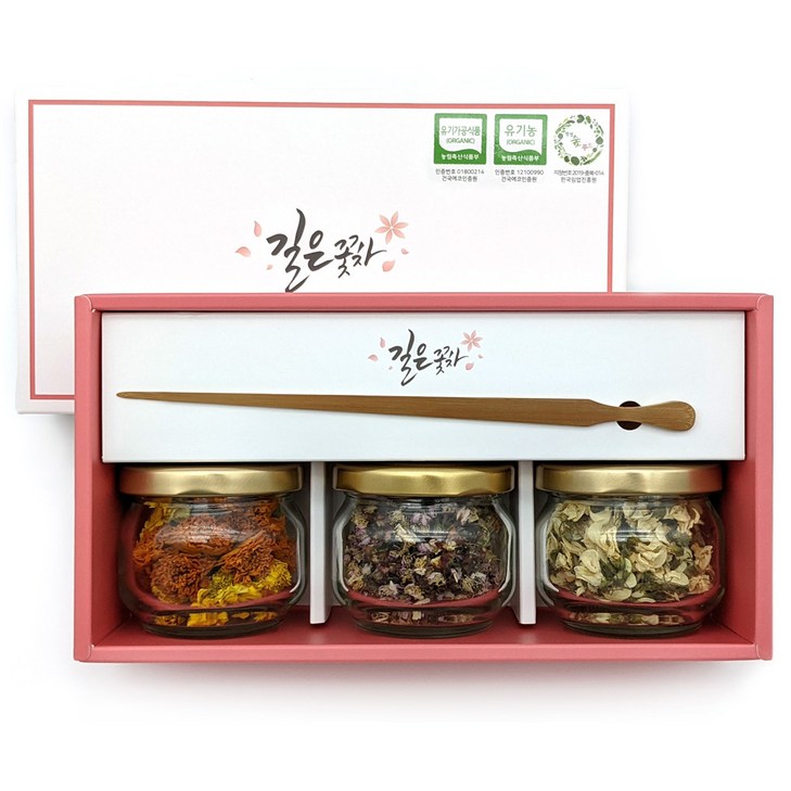 길은꽃차 메리골드 8g  벚꽃 4g  아카시아 5g  차집게  쇼핑백 선물세트, 메리골드8g벚꽃4g아카시아5g차집게쇼핑백, 1세트