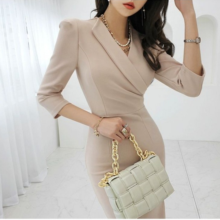 아나운서 라인 정장원피스 여성 원피스 미디 슬림 랩 브이넥 캐주얼 오피스룩