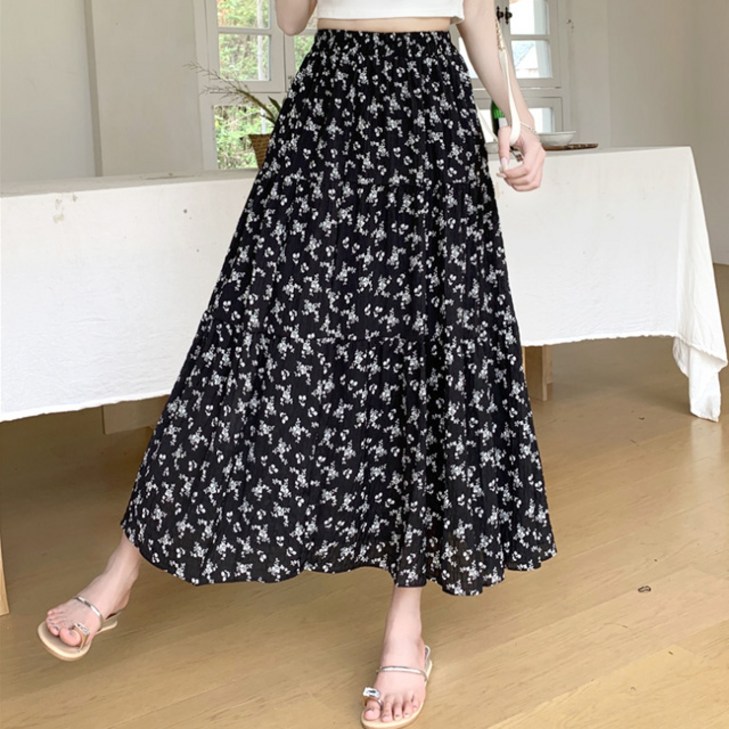 스토리원 WMSSSK027 여성 쉬폰 플라워 롱스커트 치마
