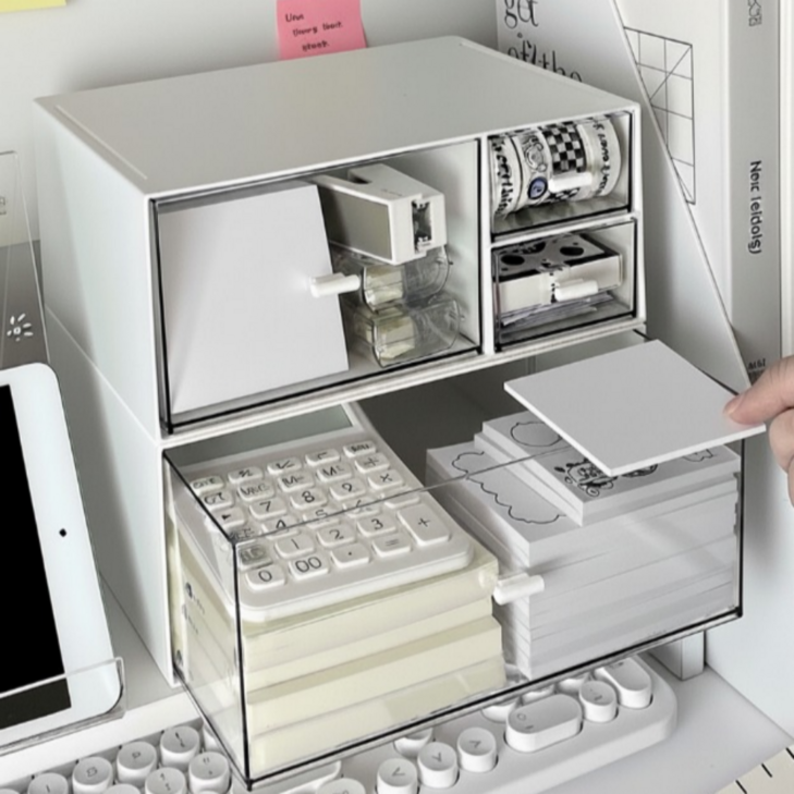 by Meo 책상 정리함 2단서랍 분리형 사무실 데스크 오거나이저, 1세트, 화이트 투명