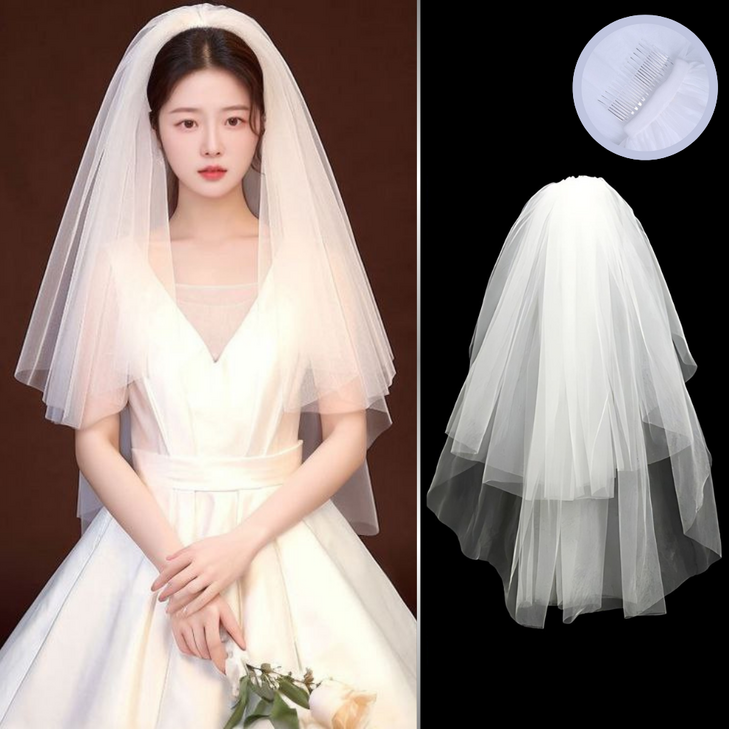 통품스토어 로맨틱웨딩 브라이덜 샤워 소품 리본 숏베일 클래식 레이스 새틴 면사포, 1개, 화이트