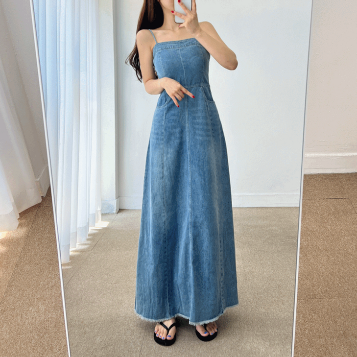 당일출고 끈조절 S,M,L 썸머 데님 스퀘어넥 밴딩 뷔스티에 플레어 맥시 청 나시 롱 원피스