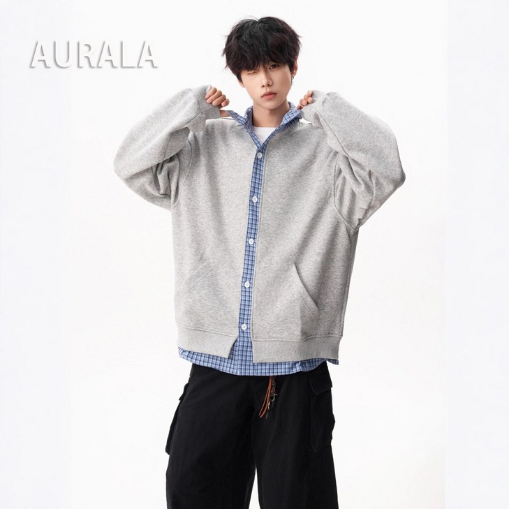 AURALA 남성 루즈핏 캐주얼 맨투맨 셔츠 칼라 레이어드 긴팔 맨투맨 티셔츠